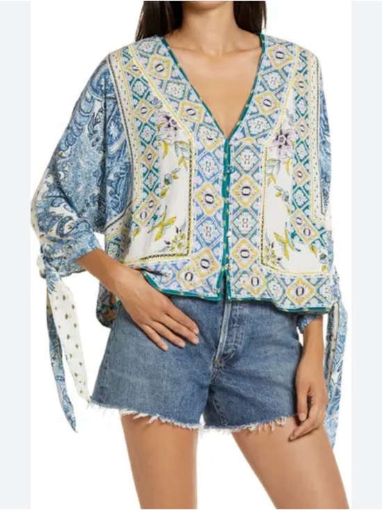 Free People Tops - Free People Catch Me If You Can Top Boho Floral Tie Sleeve Blouse Medium